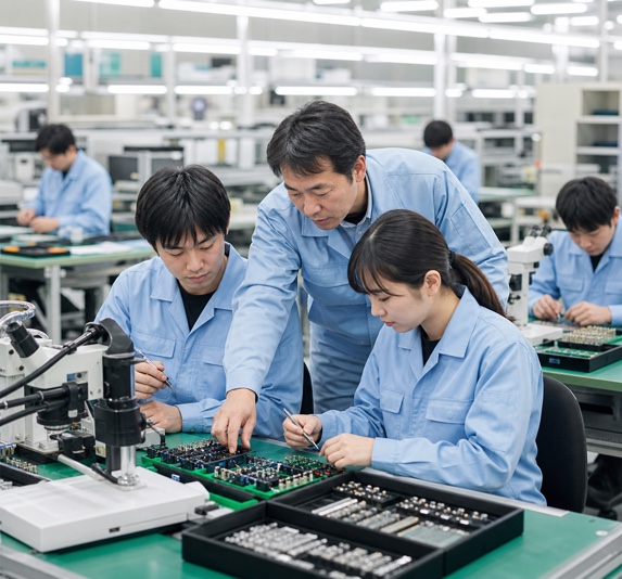 電子部品の製造現場で技能指導を受ける若手技術者